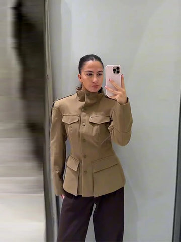 Women's Jacket Slim Fit Stand Collar Tailored Epaulets Flap Pockets Single Breasted Button Down Blazer Coat Spring Outwear
