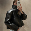 Croc Embossed Cropped Faux Leather Jacket High Stand Collar Long Sleeve Oversized Women Jackets Autumn Chic Coats