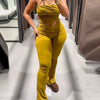 Olive Green Slim Pant Sets Women's Two Pieces Set Crop Off Shoulder Ruffled Tube Top Outfits Mid Waist Flares Trousers Sets