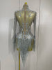 Sexy Performance Stage Costume Sparkly Rhinestones Tassel See-Through Dress Women Bars Nightclub Party Latin Dance Dress