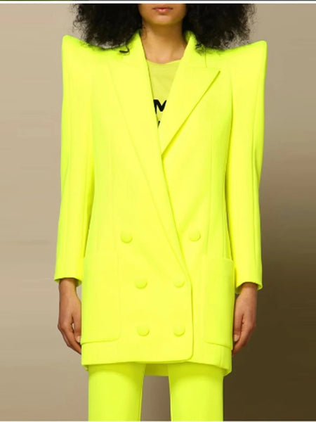 High Street Designer Jacket Women Peak Strong Shoulder Double Breasted Long Blazer Fluorescein