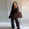 Brown V-Neck Knit Shirt Pants Set Women Solid Long Sleeve Top Empire Straight Loose Trousers Lady Spring Suit