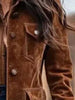 Suede Jacket for Women's Western Style Short Coat Turn Down Collar Metal Button Pockets American Retro Trench Coat Outerwear