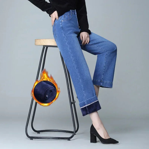 Winter Jeans for Women Velvet Warm Wide Leg Jeans Ladies Stretch Denim Pants Straight Trousers Fleece Cold Jean Mujer