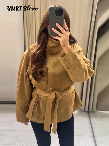 Chic Green Suede Lace Up Jackets Women Loose Stand Collar Belt Long Sleeve Buttons Coats Autumn Winter Lady Outwear