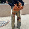 Autumn Winter Niche Design Print Contrast Color Loose Jeans For Women Straight Wide-leg Denim Pant 1A1517