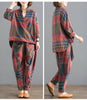 2 Piece Sets Women Casual Pants Suits Autumn Vintage Style Plaid Pattern Loose Female Tops And Harem Pants D405