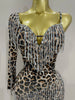 Sparkle Diamond Tassel One Shoulder Leopard Print Stretch Mini Dress Women Birthday Party Sexy Nightclub Stage Costume