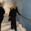 Women Black Sequin Embroidery Blazer 2 Piece Set Full Sleeve Lapel V-neck Coat Wide Leg Pants Suit Lady Spring Outfits