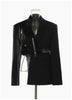 Deconstruction Irregular PU Leather Spliced Blazer Women's Lapel Loose Strap Suit Jacket Autumn