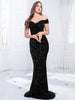 Off The Shoulder Mermaid Evening Dress Red Stretchy Sequin Velvet Slash Neck Floor Length Women Party Dresses