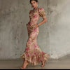 Elegant Printed Ruffle Maxi Dress Women Chic High Neck Puff Short Sleeve Waist-cinching Bodycon Dresses Lady Vacation Robes