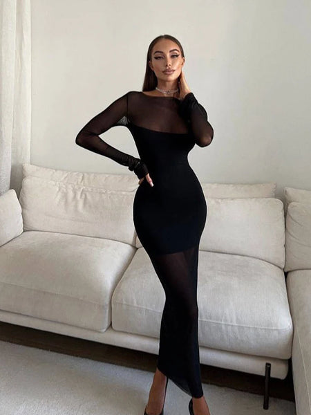 Sexy Mesh Women's Maxi Dresses See Through O-Neck Solid Slim Regular Long Sleeves Bodycon Party Vestidos Robes