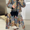Vintage Floral Print Women Cropped Jacket Contrast Velvet Collar Zip Up Long Sleeve Slim Fit Side Pockets Coat Outerwear