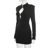 Hollow Out Long Sleeve Sexy Mini Dress Women Gown Elegant Winter Half High Collar Metal Buckle Club Party Dresses