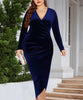 Elegant Velvet Bodycon Dress Women Sexy Wrapped V-neck Long Sleeve Ruched High Waist Midi Dress Party Cocktail Dresses Vestidos