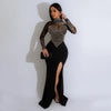 Women Long Sleeve Diamonds Rhinestones High Side Split Mermaid Midi Maxi Dress Even Sexy Party Dresses Vestidos