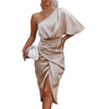 Womens Satin One Shoulder Batwing Sleeve Ruched Bodycon Midi Long Dress Asymmetrical Wrap Front Cocktail Party Dresses