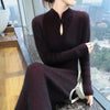 Women' 100%Pure Mink Cashmere Dress Stand-Up Collar Buckle Slim Knit Long Skirt High Waist Over The Knee Bottoming Dress