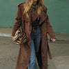 Women's Vintage Brown Suede Trench Coat Long Belted Overcoat Retro Windbreaker Female Date Commuter Streetwear Outerwear