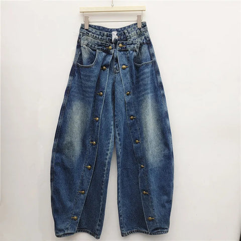 Autumn Style American Buttoned Denim Women's Pants High Street Loose Distressed Full Length Pants