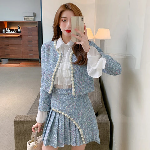 Leisure Suit Women's Spring Autumn Tweed Coat+Pleated Skirt Two-Piece Female Korean Loose Long-Sleeved Suits