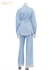 Loose Blue Stripe Women's 3 Pieces Set Elegant Long Sleeve Shirt + Corset With High Waist Wide Pants Set