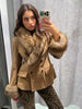 Women Suede Faux Fur Trim Jacket Fur Lapel Collar Cuffs Double Breasted Fitted Waist Long Sleeve Coats Vintage Warm Winter Coat