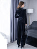 Temperamnet Velvet Jumpsuit For Women Elegant V-neck Long Sleeve Slim Wide-Leg Pants with Brooch