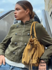 Green Napoleon Short Jeans Jacket Women's Chic Stand Collar Long Sleeve Zipper Crop Coat Lady Fall Daily Street Outwear