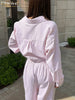 Loose Pink Stripe Trousers Set 2 Piece Woman Elegant Long Sleeve Blouse With High Waist Wide Pants Set Female