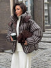 Winter Women Striped Hooded Cotton Jacket Long Sleeve Stand Zipper Buttons Thickening Padded Jackets Casual Office Lady Coat