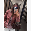 PU Leather Collar Corduroy Coat Elegant Long Sleeve Zipper Women's Cropped Jacket Spring Lady Outerwear Street