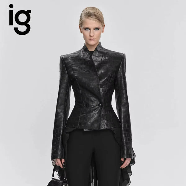 IG Women's Gothic Faux Leather Embossed Fitted Leather Blazer Structured Shoulder Lace Cuff Casual Black Blazers