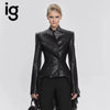 IG Women's Gothic Faux Leather Embossed Fitted Leather Blazer Structured Shoulder Lace Cuff Casual Black Blazers