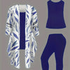 Plus-size women's 3-piece set: color-blocked printed cardigan jacket paired with trousers and vest for a casual everyday look
