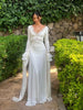 Women Elegant Long Sleeve Deep V-Neck Maxi Dress White Slim Fit Ruched Lace Patchwork High Waist Party Wedding Sexy Evening Gown