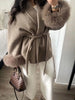 Elegant Lace Up Woolen Coat Women Furry Lapel Fur Patchwork Belt Loose Short Jacket Female Lady Autumn Winter Cardigans