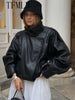 Winter Women Faux Leather Loose Jacket High Street Stand Collar Long Sleeve Coat Zipper Thicken Outwear
