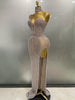 Full Rhinestones Mesh Transparent Long Dress Women Birthday Celebrate Evening Prom Dress Party Club Stage Costume