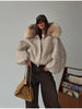 Vintage Thicken Faux Fur Woolen Jacket Women Hooded Pocket Lantern Sleeve Elastic Waist Coat Winter Female Daily Outwear