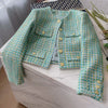 Elegant Green Plaid Tweed Jacket Women French Vintage Spring Autumn Casual Blazers High Street Short Suit Coat