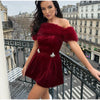 Fur Paneled Off-Shoulder Rhinestone Mini Dress Burgundy Velvet Pleated Evening Elegant Women Dresses Party Chic Lady Gown