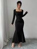 Women's Four Seasons Women's Elegant Temperament Retro Solid Color Square Collar Long Sleeve Dress