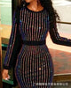 Sequin Round Neck Women Dress Striped Solid Splice Party Tight High Waist Casual Sexy Hip Wrap Long Sheath Dresses
