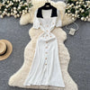 French Style Vintage Panelled Moda Dress Turn-down Collar Puff Sleeve Slim Vestidos Elegant Vent Knit Femme Robe