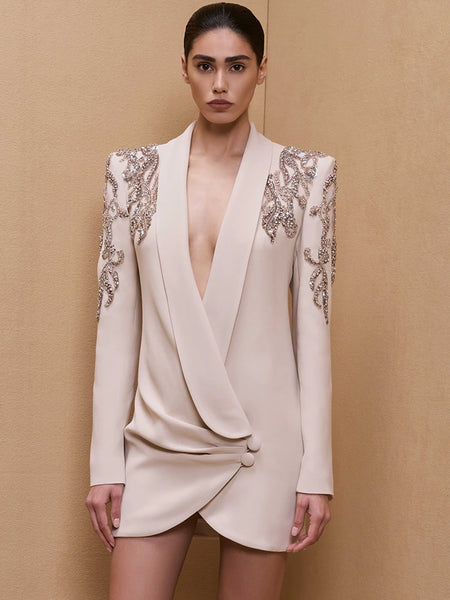 High Street Designer Vestido Women's Shawl Collar Beaded Draped Blazer Dress