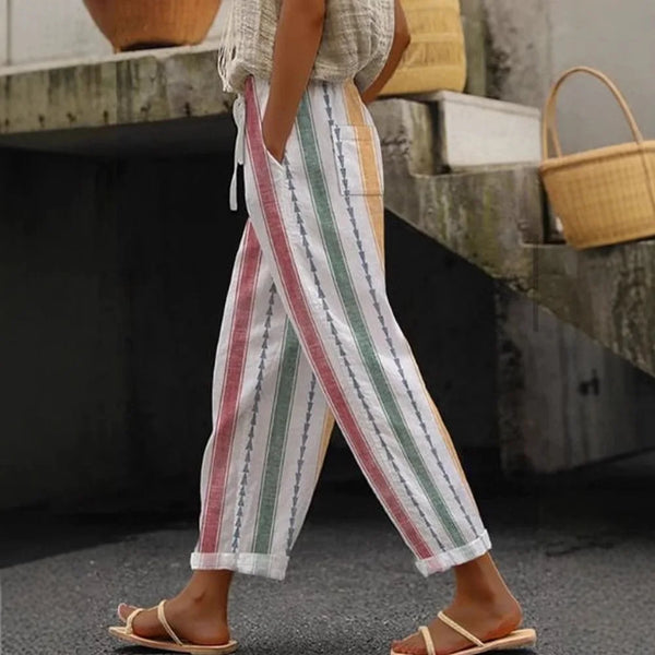 Women's Trousers Vertical Striped Drawstring Elastic Waist Pocket Street Versatile Casual Pants