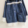 French Style Autumn Denim Polo Collar Lace Hollow Out Color-Contrast Women's Top Casual Jackets