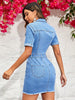 Blue Denim Skater Dress Sexy Women Turn Dow Collar Bodycon Jeans Casual Dress Vestidos